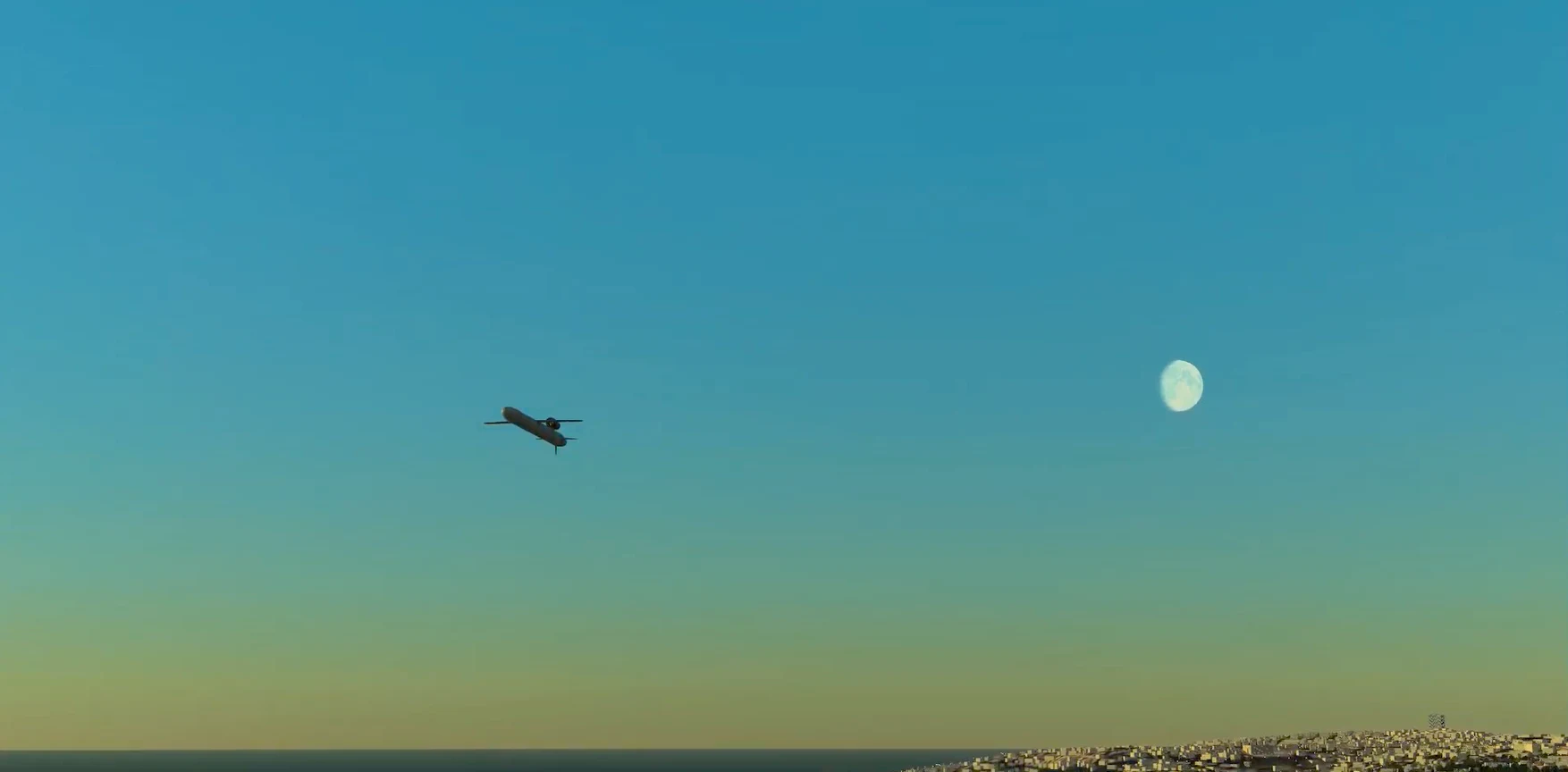 Cruise missile at dusk with the moon over the coast, rendered in SIMbox