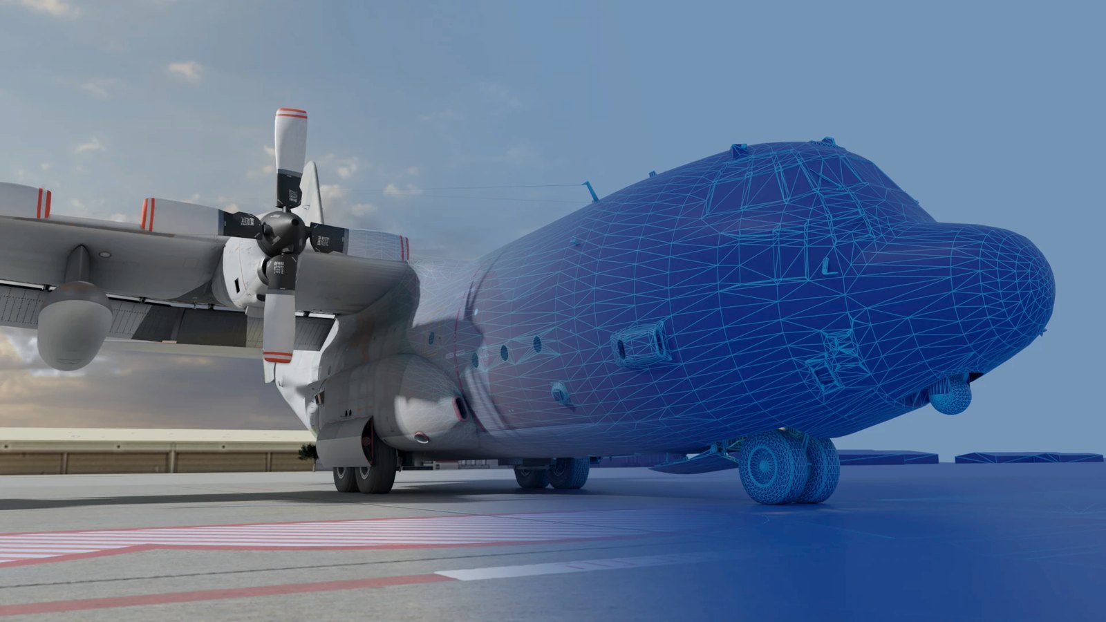 C-130, half rendered and half wireframe